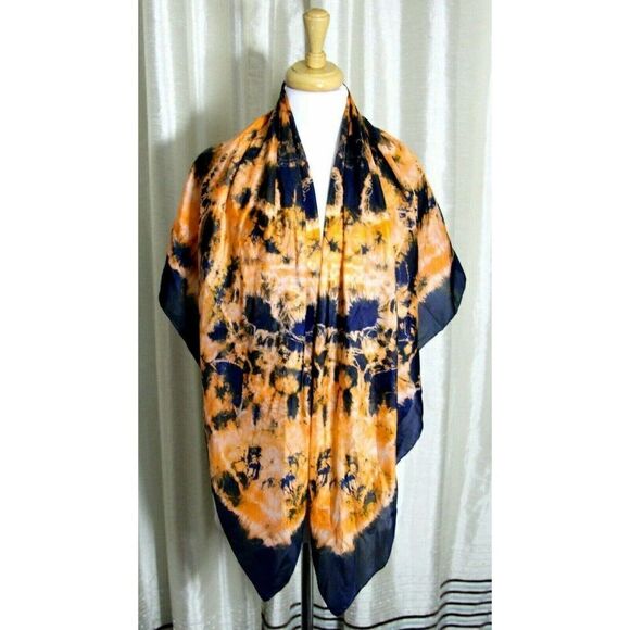 44"x45" BLUE ORANGE WHITE ARTWORK HANDROLLED 100%SILK WOMEN'S SCARF SHAWL WRAP - Picture 3 of 5
